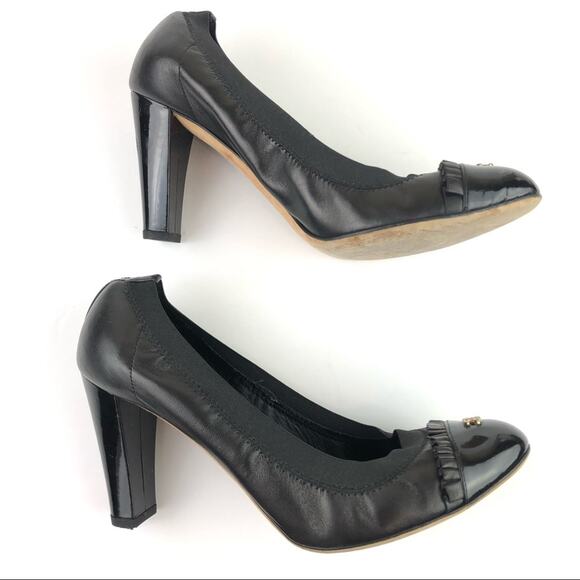 Chanel Black Lambskin Leather Ruffle CC Logo Patent Cap Toe Heels. Authentic. - Picture 7 of 14